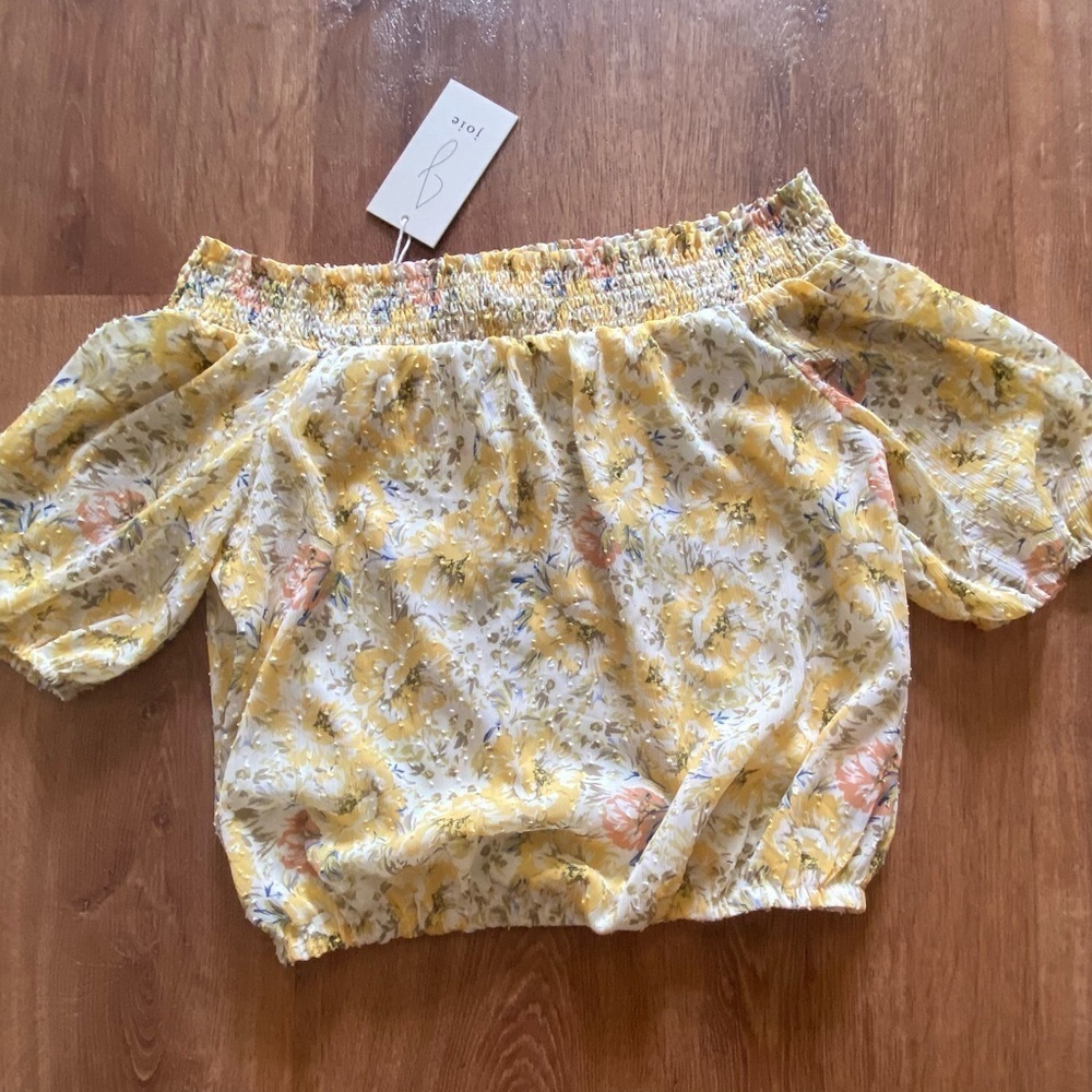 Joie Yellow and Blue Smocked Off-Shoulder Puff Sleeve Blouse